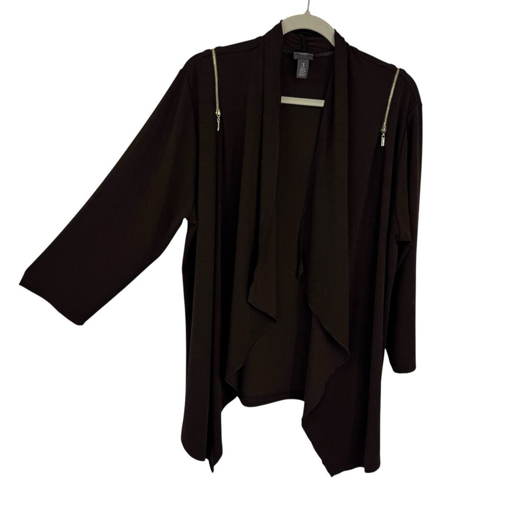 Chicos Travelers 3 Cardigan Brown Zipper Accent 3/4 Sleeve Open Cascading Front